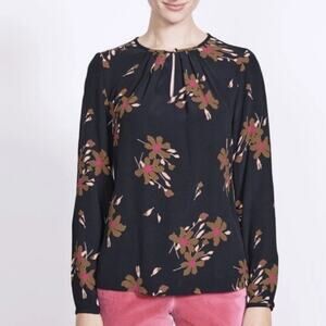 Boden Mara Top Womens Size 10 Black Brown Pink Floral Pleated Keyhole Blouse